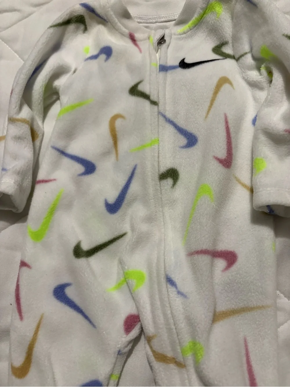 Nike White Baby Footed Fleece One-Piece with Multicolor Swooshes